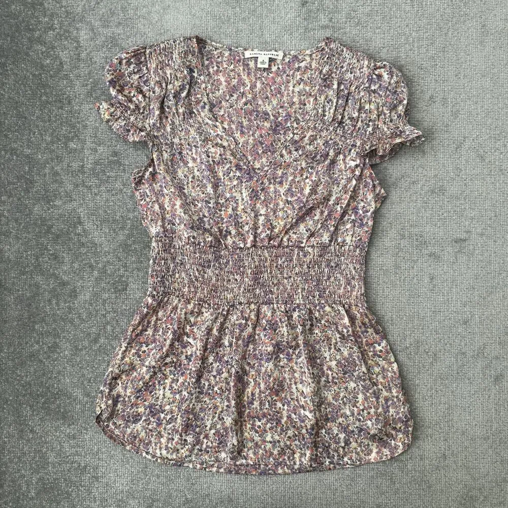 Banana Republic Purple Floral Smocked Waist Blouse
